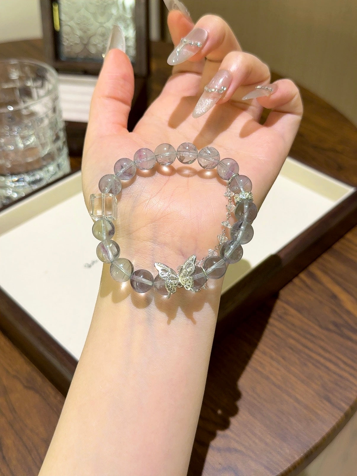▫️▪️ Green fluorite white crystal sugar cube bracelet